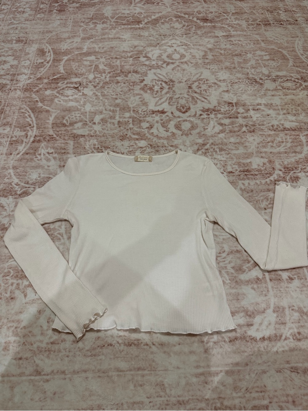 Altar'd State Cream Ribbed Long-Sleeve Lettuce-Edge Top
